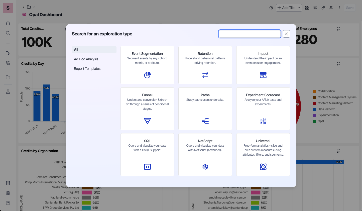 Built-in exploration templates within Optimizely Analytics